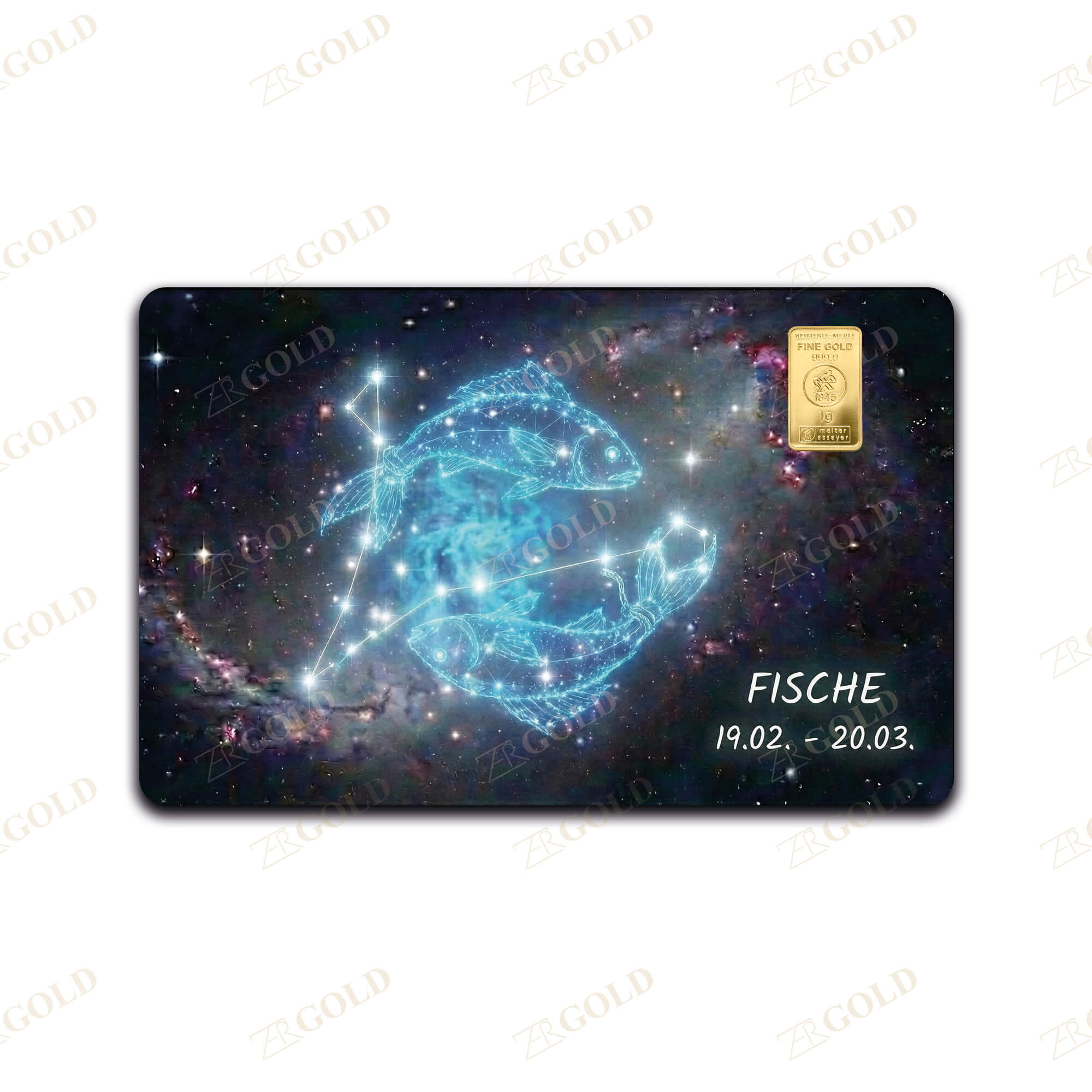 Fische Geschenkkarte Sternzeichen "Fische" 1g Goldbarren (999.9 Feingold) – Bild 1
