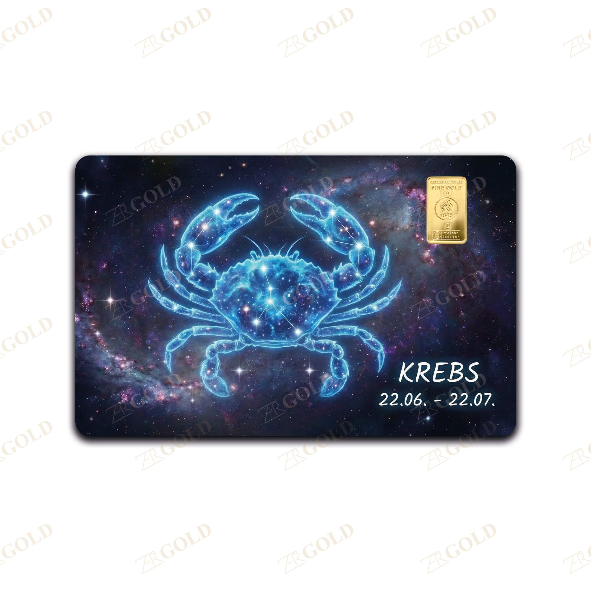 Krebs Geschenkkarte Sternzeichen "Krebs" 1g Goldbarren (999.9 Feingold) – Bild 1